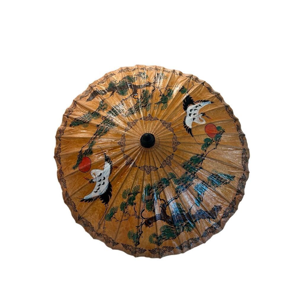 Vintage Asian Paper Parasol Umbrella Hand Painted Cranes Bamboo Japanese Style